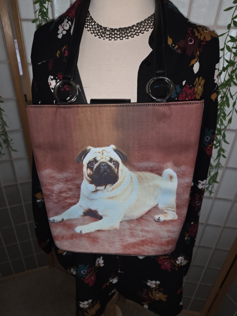 Unbranded Pug Print Crossbody Tote in Pink-Brown